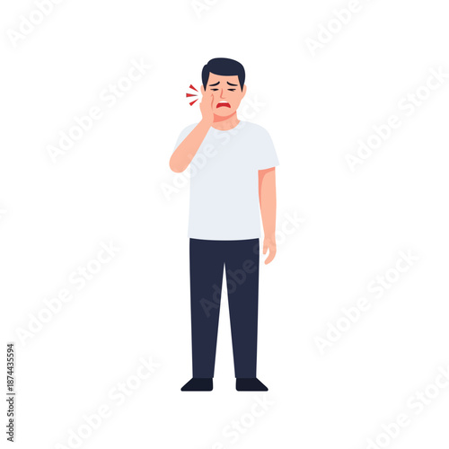 Flat vector illustration of a young man experiencing significant dental pain and discomfort, clutching his cheek due to a severe toothache, depicting a common oral health issue