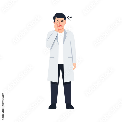 A distressed man in a lab coat suffering from severe toothache or facial pain, clutching his cheek in discomfort, highlighting a common medical issue