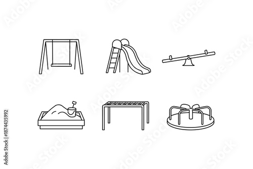 Minimal playground equipment icons: swing, slide, sandbox, seesaw, jungle gym, roundabout