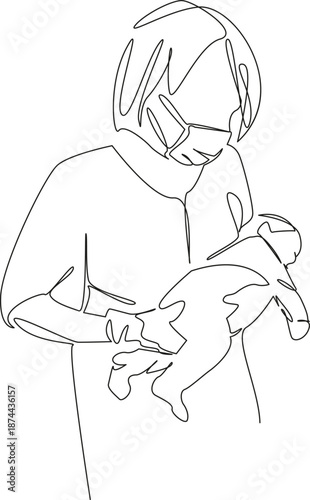 One continuous single drawing line art flat doodle doctor, woman, childbirth, hospital, nurse, female, obstetrician, newborn. Isolated image hand draw contour on a white background, hand drawn, not AI