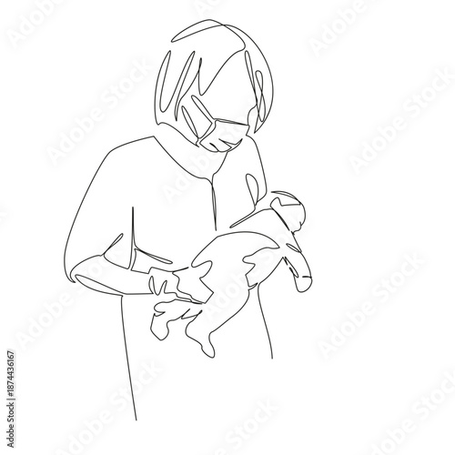 One continuous single drawing line art flat doodle doctor, woman, childbirth, hospital, nurse, female, obstetrician, newborn. Isolated image hand draw contour on a white background, hand drawn, not AI