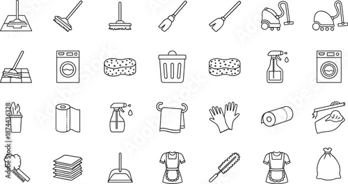 Vector illustration of cleaning icon collection with mop, broom, spray, gloves, vacuum, sponge, trash bin, towel, and hygiene tool design