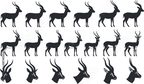 Black silhouette collection of twenty antelope figures in diverse poses and horn profiles for wildlife pattern recognition and design illustration