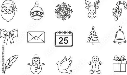 Vector illustration of Christmas holiday icon collection with Santa, snowflake, gift, tree, ornament, bell, candy, and festive symbol design