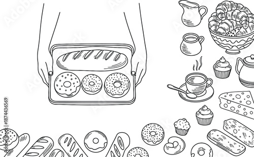 Line drawing of assorted donuts and pastries on a table