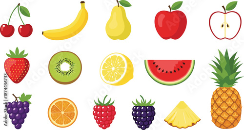 Vector illustration of colorful fruit icon collection with apple, banana, pineapple, citrus, berries, grapes, kiwi, and healthy food design