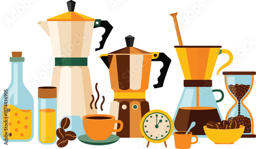Coffee makers and accessories on a white background with coffee beans and cups