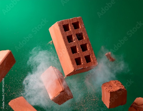 flying red bricks with dust cloud on green background for construction and demolition concepts
