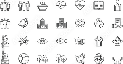 Vector illustration of community service icon collection with health, education, environment, food, support, peace, civic engagement, and welfare symbol design