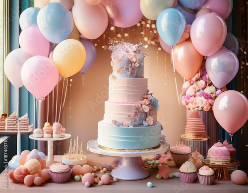 a dreamy pastel party backdrop with a multi tiered cake balloons and sweet treats perfect for celebrations