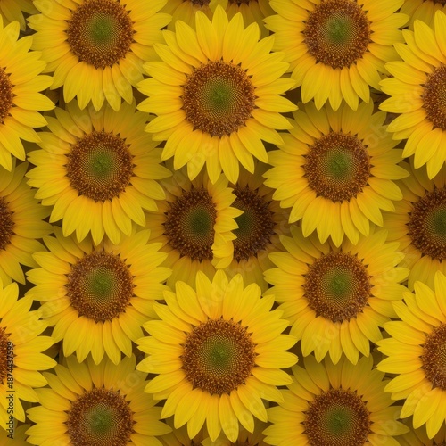 A vibrant, seamless repeating pattern featuring stylized yellow sunflowers and detailed seed centers, perfect for summer textile design and background use, floral, design, seamless