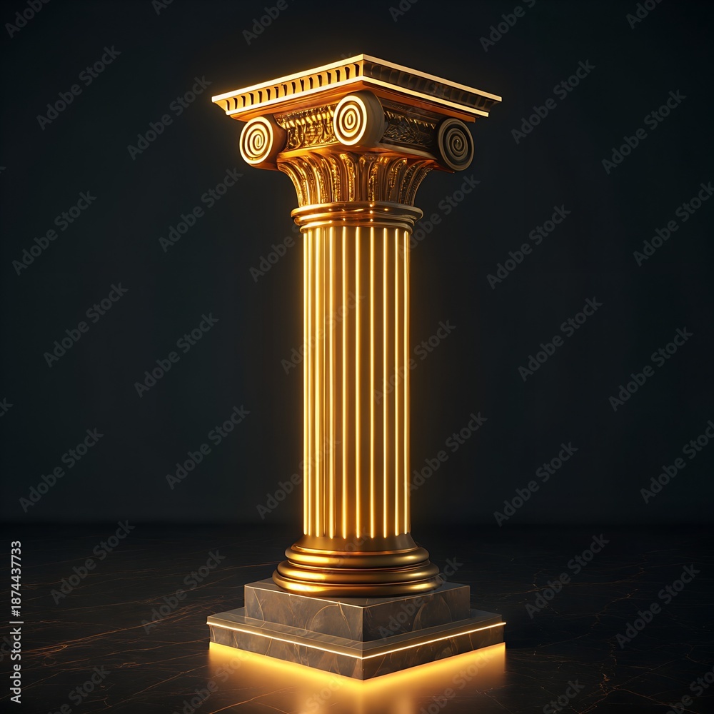 Fototapeta premium Ornate Golden Corinthian Column with Glowing Light on Dark Marble Base pillar greek
