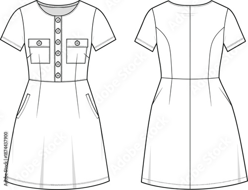 Vector technical drawing of puff sleeve blouse fashion flat sketch, v-neck button down bodice top, front and back view.