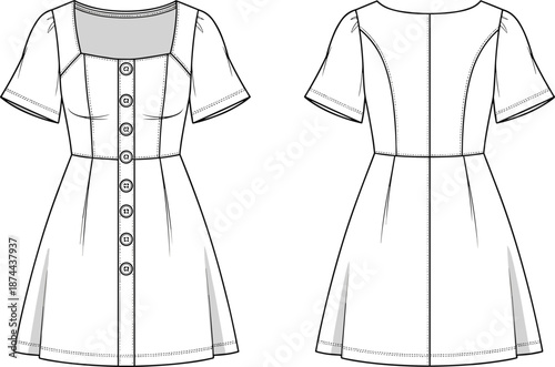 Vector technical drawing of fitted puff sleeve blouse fashion flat sketch, v-neck button down bodice top, front and back view.