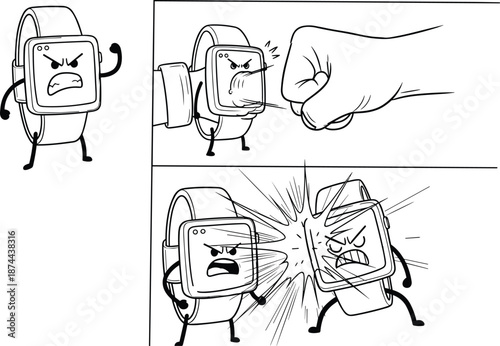 Angry smartwatch cartoon comic scene line art, cad drawing flat vector illustration for humor, technology conflict, app design, prints