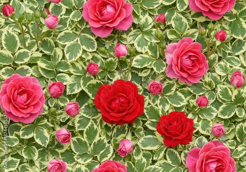 Elegant floral backdrop wallpaper with vibrant roses, gentle buds, and lush greenery creating a seamless, romantic springtime pattern, leaf, background, frame