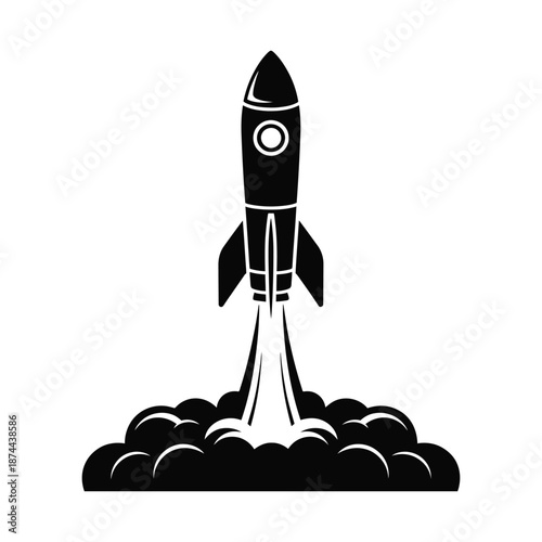Rocket Launch Silhouette Icon with Smoke Trail in Black and White