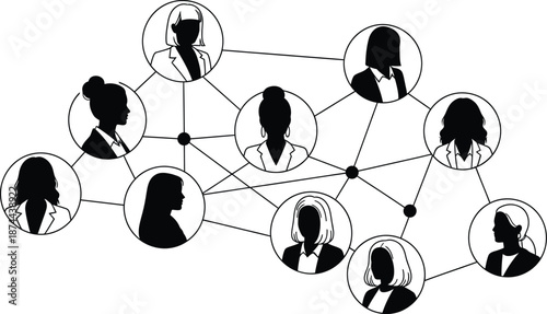 Abstract network of interconnected people represented as silhouettes in a geometric design silhouette