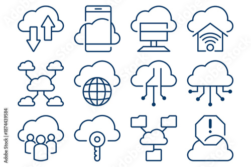 Flat-style cloud computing icons in blue outline, showing data storage, security, IOT, mobile access, and global connectivity. vector illustration.