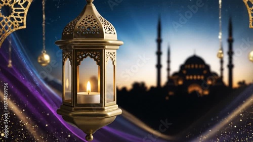 Elegant Golden Ramadan Lantern with Glowing Candle Against a Beautiful Mosque Background and Festive Decorations for Islamic Celebrations