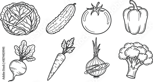 Vegetable line art icons set, cad drawing flat vector illustration for healthy food design, cooking guides, packaging, education, minimal print
