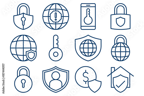 Blue line icons showing cybersecurity, data protection, encryption, privacy secure access, and internet safety. vector illustration.