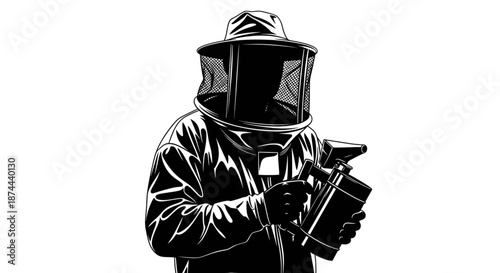 Silhouette of Beekeeper in Protective Suit Holding a Bee Smoker for Professional Apiculture and Honey Production