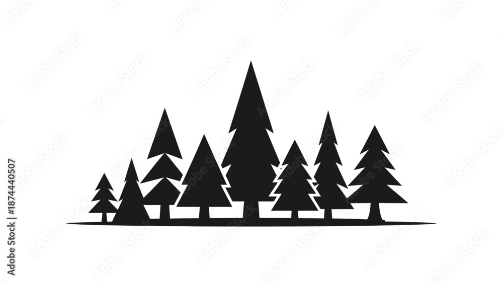 Obraz premium Silhouette of Pine Trees Forming a Forest Landscape on Isolated White Background