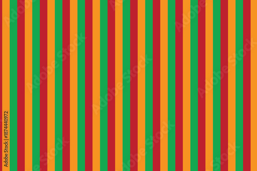 This image displays a vibrant, repetitive pattern of vertical stripes. The pattern consists of three colors: red, green, and orange. The sequence of stripes follows a distinct order—red, then green, 