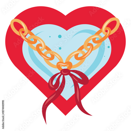 Chain Heart, Ornamental Love Icon. Linked Heart Vector, Fashion Emblem and Sticker. Heart with Chain