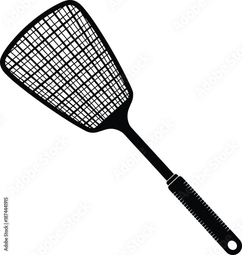 Fly swatter silhouette illustration, black and white household tool icon, pest control device, minimal design, insect repellent graphic