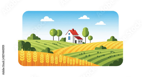 Serene rural landscape with a white farm house surrounded by green trees and golden wheat fields under a blue sky with fluffy clouds.