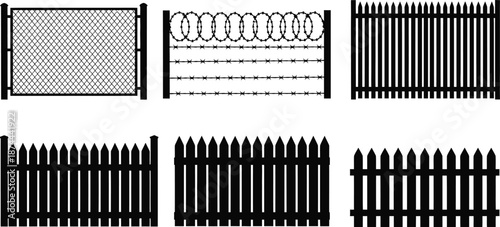 Fence vector silhouette collection various fence types isolated on transparent background