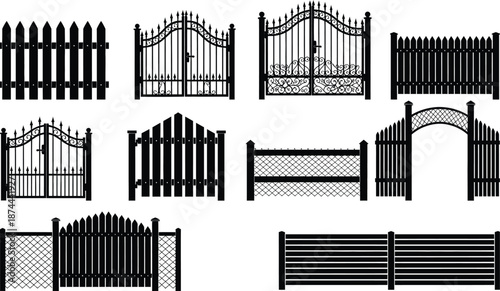 Fence vector silhouette collection various gate designs isolated on transparent background