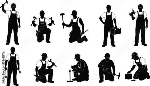 Construction worker silhouettes set using tools kneeling standing repairing isolated on white background industrial labor vector illustration