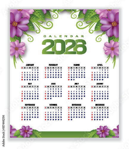 2026 Calendar with Decorative  Pansy Flowers