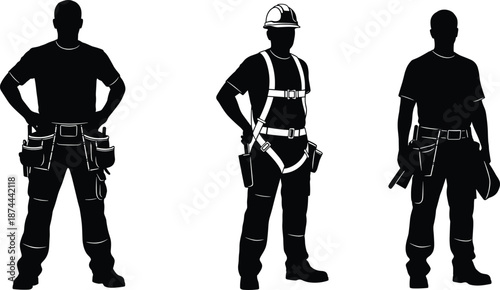 Construction worker silhouettes with tool belt and safety harness isolated on white background professional tradesman vector illustration set