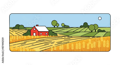 A serene rural landscape featuring a red farm house amidst golden wheat fields and lush green hills under a clear blue sky with the sun.