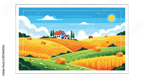 A serene rural landscape featuring a farm house surrounded by vibrant yellow and green fields under a bright blue sky with fluffy white clouds and a sunny day.