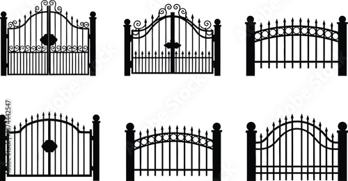 Fence vector silhouette set various gate designs isolated on transparent background