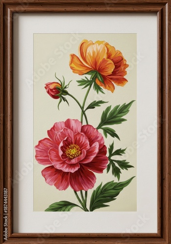 Elegant decorative element featuring vibrant floral artwork captured within a classic wooden frame, enhancing indoor aesthetics, house, elegant, studio
