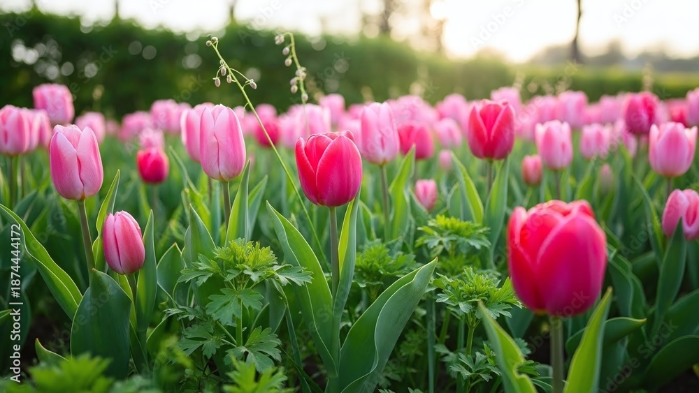 Fototapeta premium Vibrant Pink Tulips Blooming in Sunny Spring Field with Soft Bokeh Background
