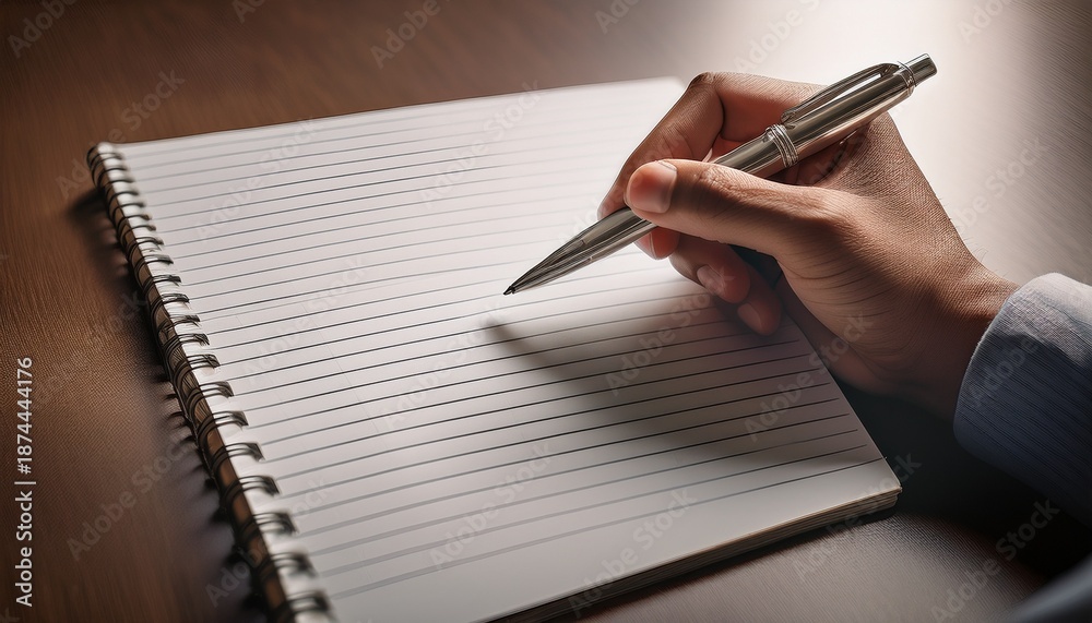 Fototapeta premium close up of a hand holding a pen poised above a blank lined notebook ready for writing