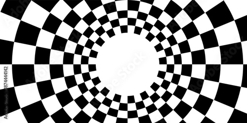 Circle frame with checkered print. Round vignette with checkerboard, race flag or chess game pattern isolated on white background. Chequered ring ornament. Vector graphic illistration.