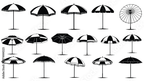 Beach, umbrella, silhouettes, collection, parasol, set, black, vector, illustration, isolated, summer, outdoor, shade, canopy, design, icons, seaside, resort, stock, bundle