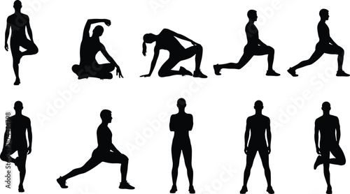Fitness silhouette yoga and stretching poses set, workout training exercises, black vector illustration, healthy lifestyle, isolated white background design collection