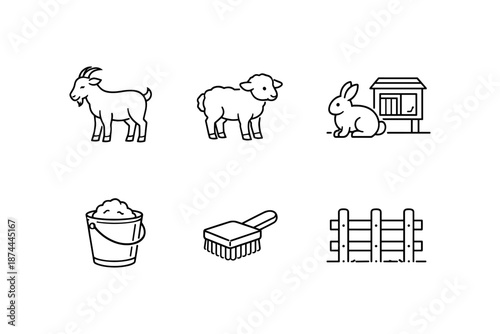 Simple farm animal icons set: goat, sheep, rabbit, hen house, bucket, brush, fence