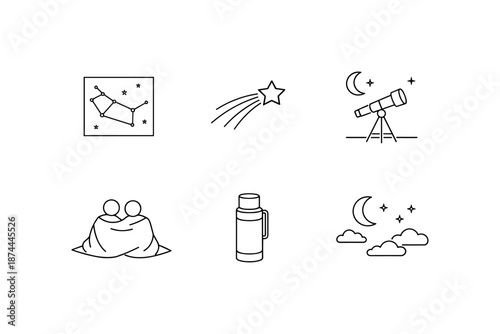 Stargazing icons: sporty telescope, shooting star, cozy night with constellations and thermos