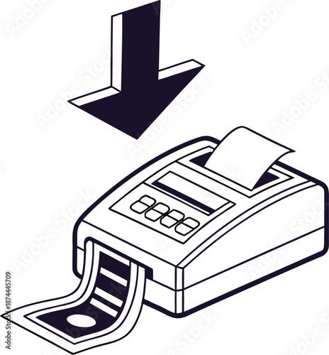 Cashless Transaction Illustration: The image highlights a modern electronic cash register with an arrow representing the transaction, conveying convenience in a commerce setting.