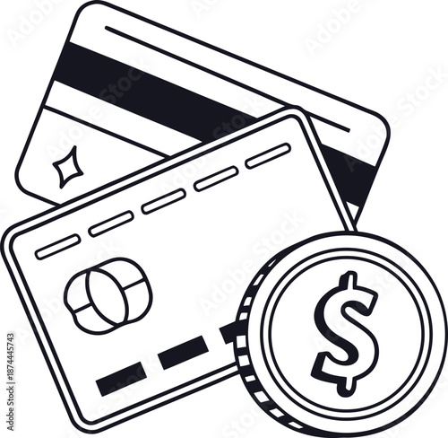Digital finance with transaction: A stylized depiction of a credit card and dollar coin, representing the digital world of finance.